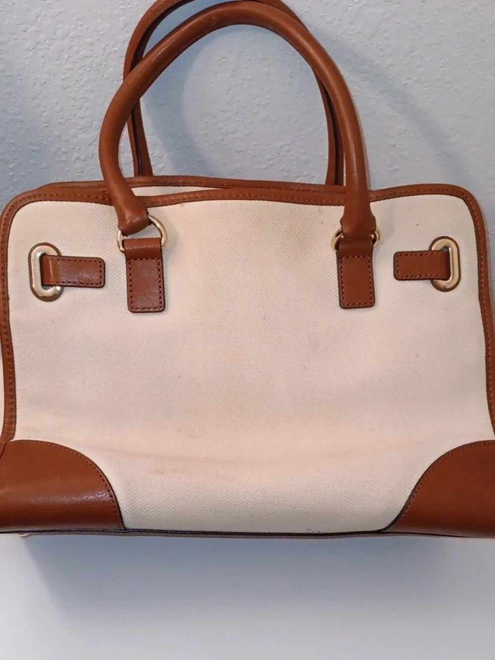 Michael Kors Preloved Canvas Satchel with Pink Center Stripe and Brown Trim